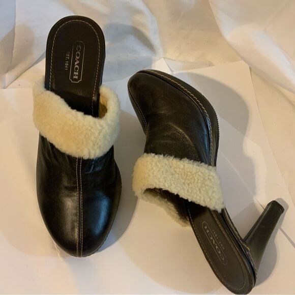 Coach "Kacie" Brown Leather With Faux Fur High Heel Mule Slip On Clog Sz 9.5B - Picture 4 of 13
